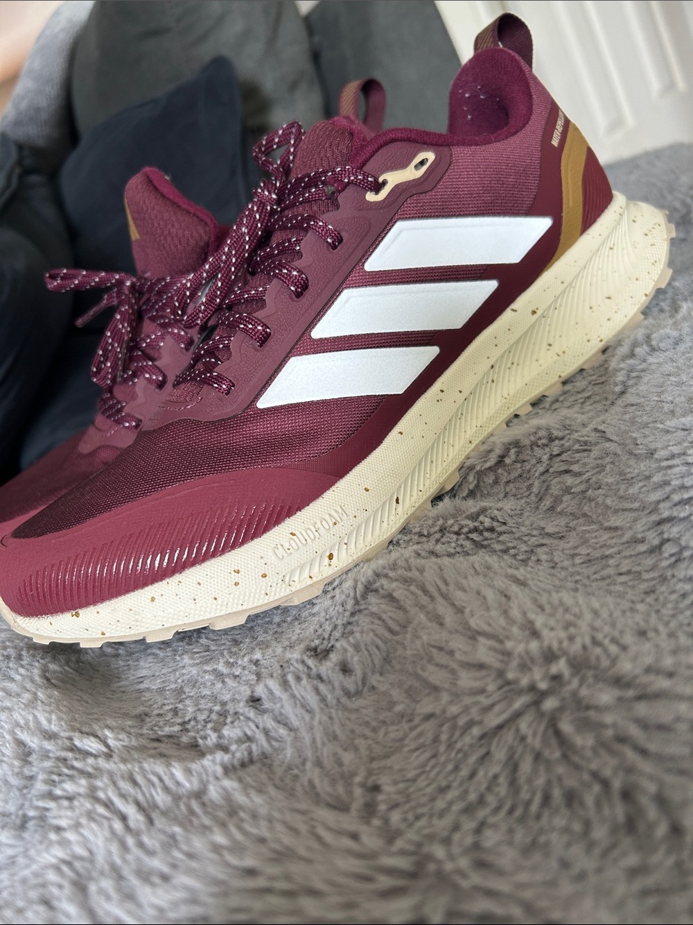 adidas Burgundy Running Shoes with White Stripes and Cream Sole